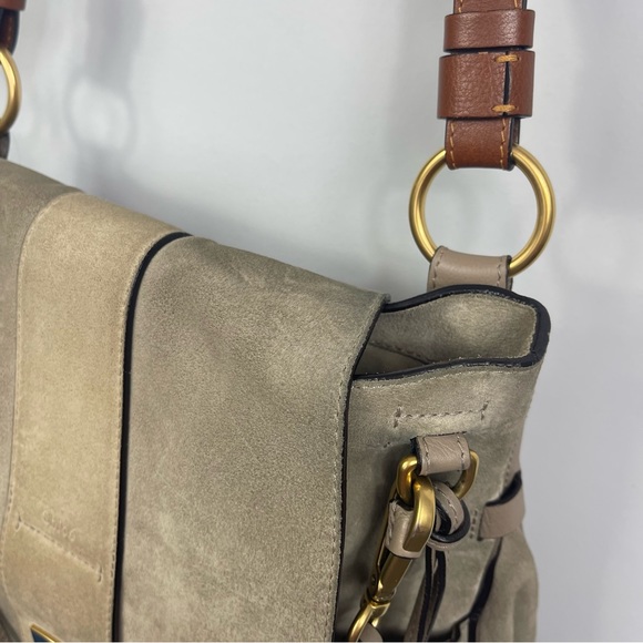 Chloe Lexa Crossbody Bag Suede Leather Medium Flap Key Taupe Beige Gray Boho - Picture 14 of 16